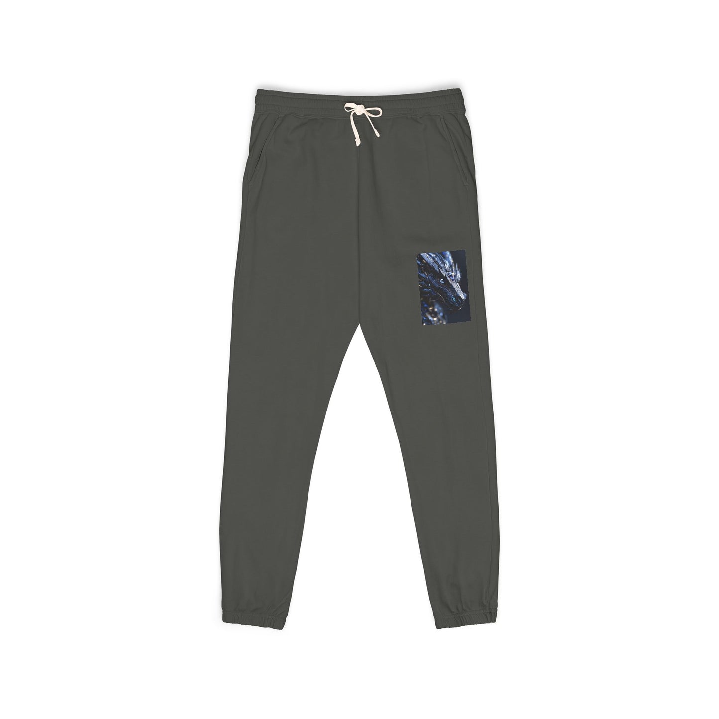 Garment-Dyed Fleece Sweatpants — Dark Olive Joggers with Blue Marble Pocket