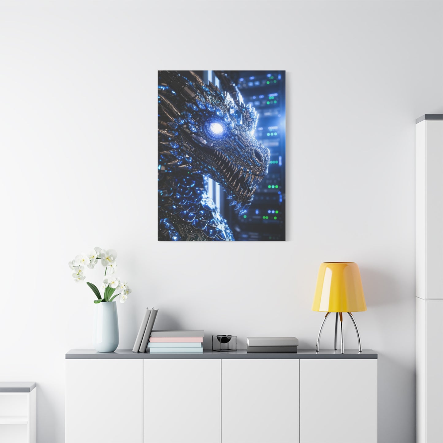 Cyber Dragon Canvas Print — Futuristic Metallic Dragon Wall Art