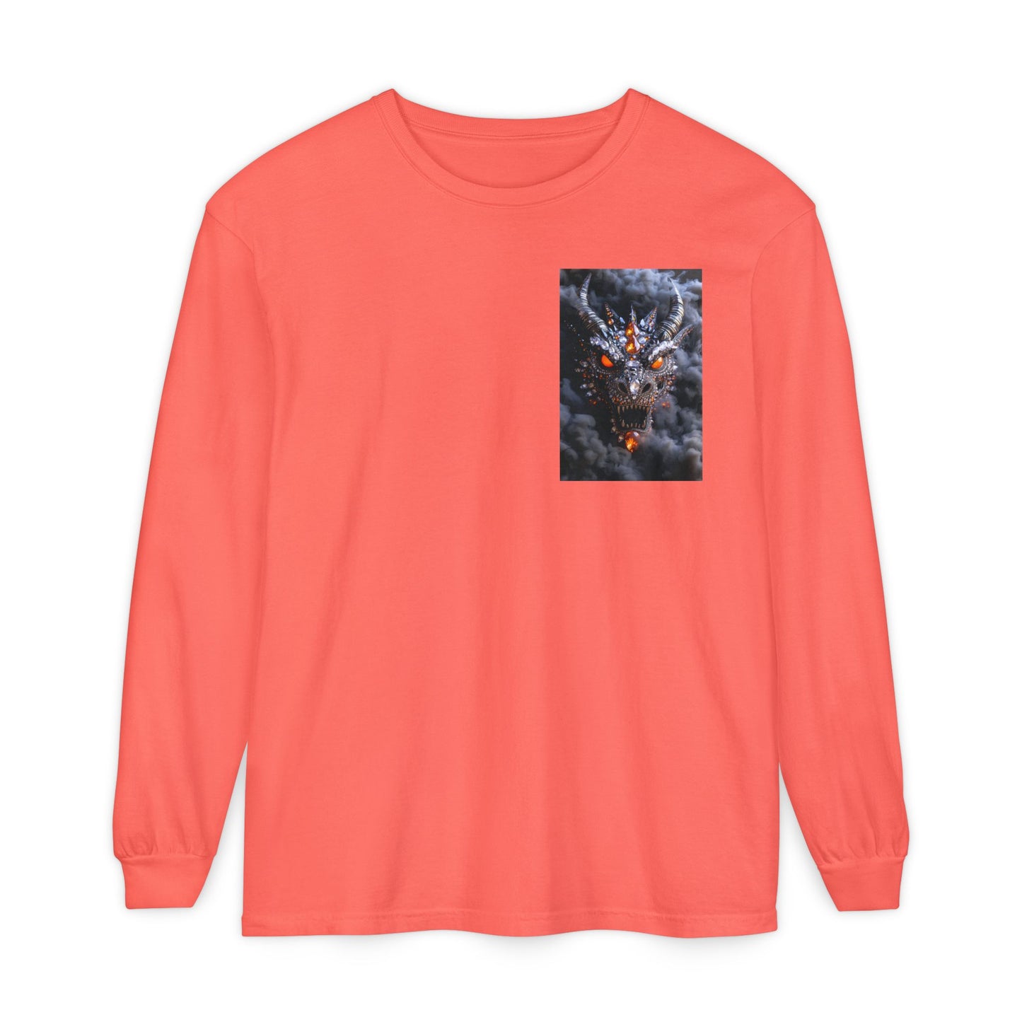 Long Sleeve T‑Shirt — Smoky Dragon Chest Print, Spooky Autumn Graphic