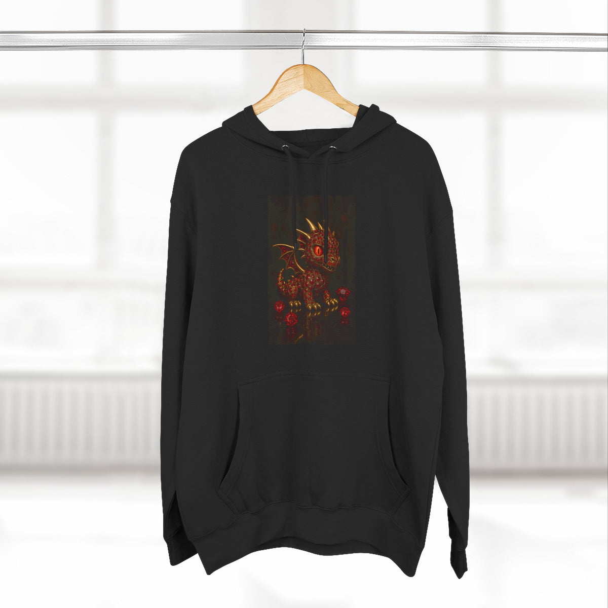 A RUBY RED Dragon Swirl Fleece Hoodie - Three-Panel Design for Fantasy Lovers