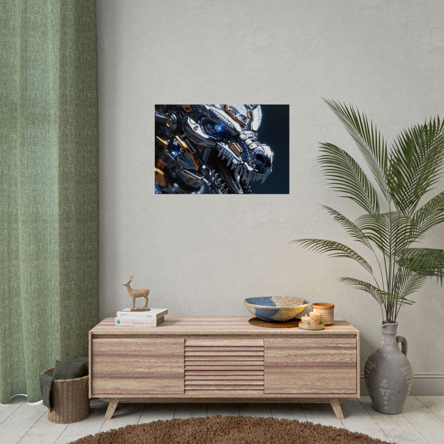 Mechanical Dragon Poster — Futuristic Gold & Blue Sci‑Fi Wall Art