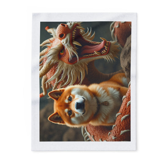Cozy Arctic Fleece Blanket with Dragon and Dog Design – Perfect for Animal Lovers