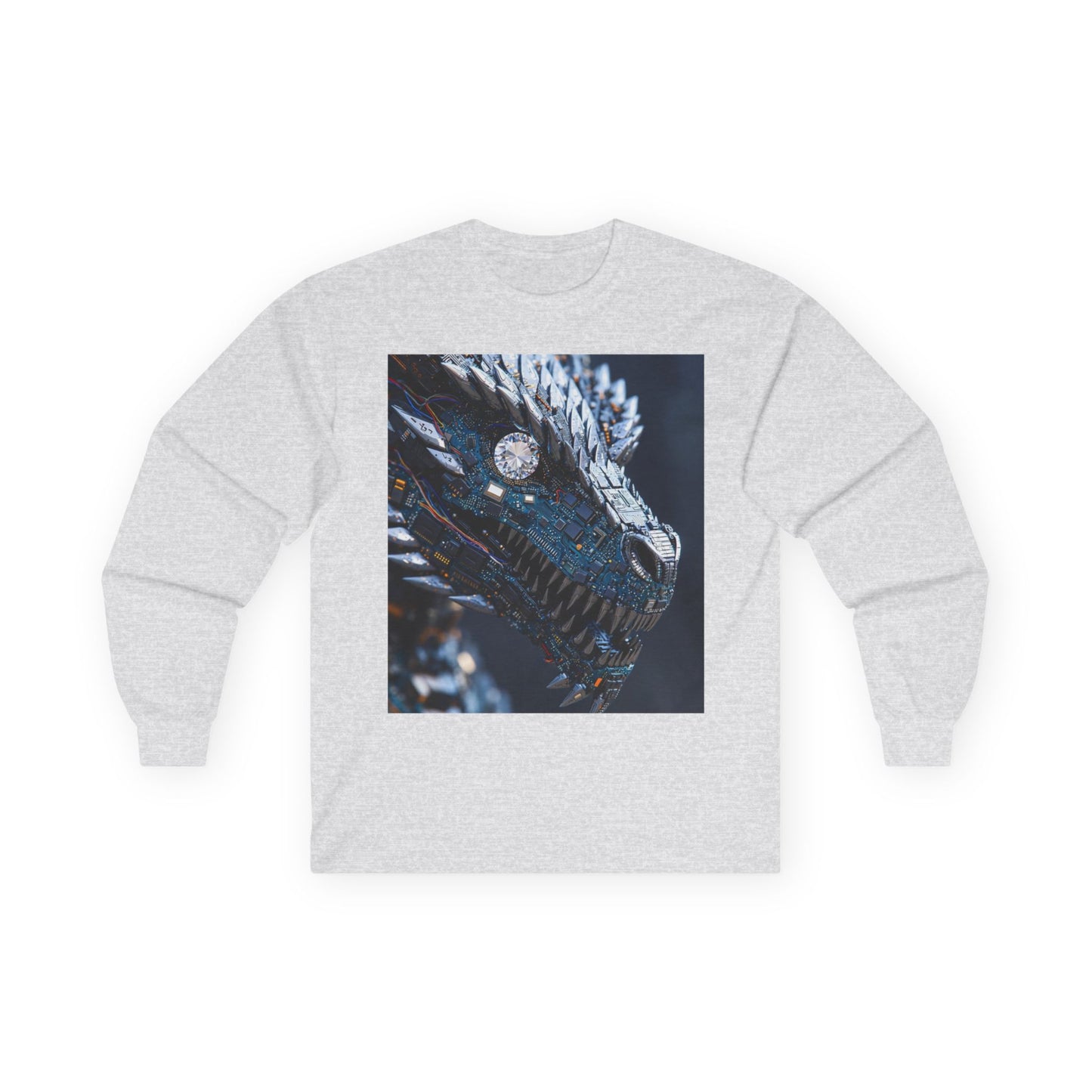 Dragon Head Graphic Long Sleeve Tee — Metallic Fantasy Artwork