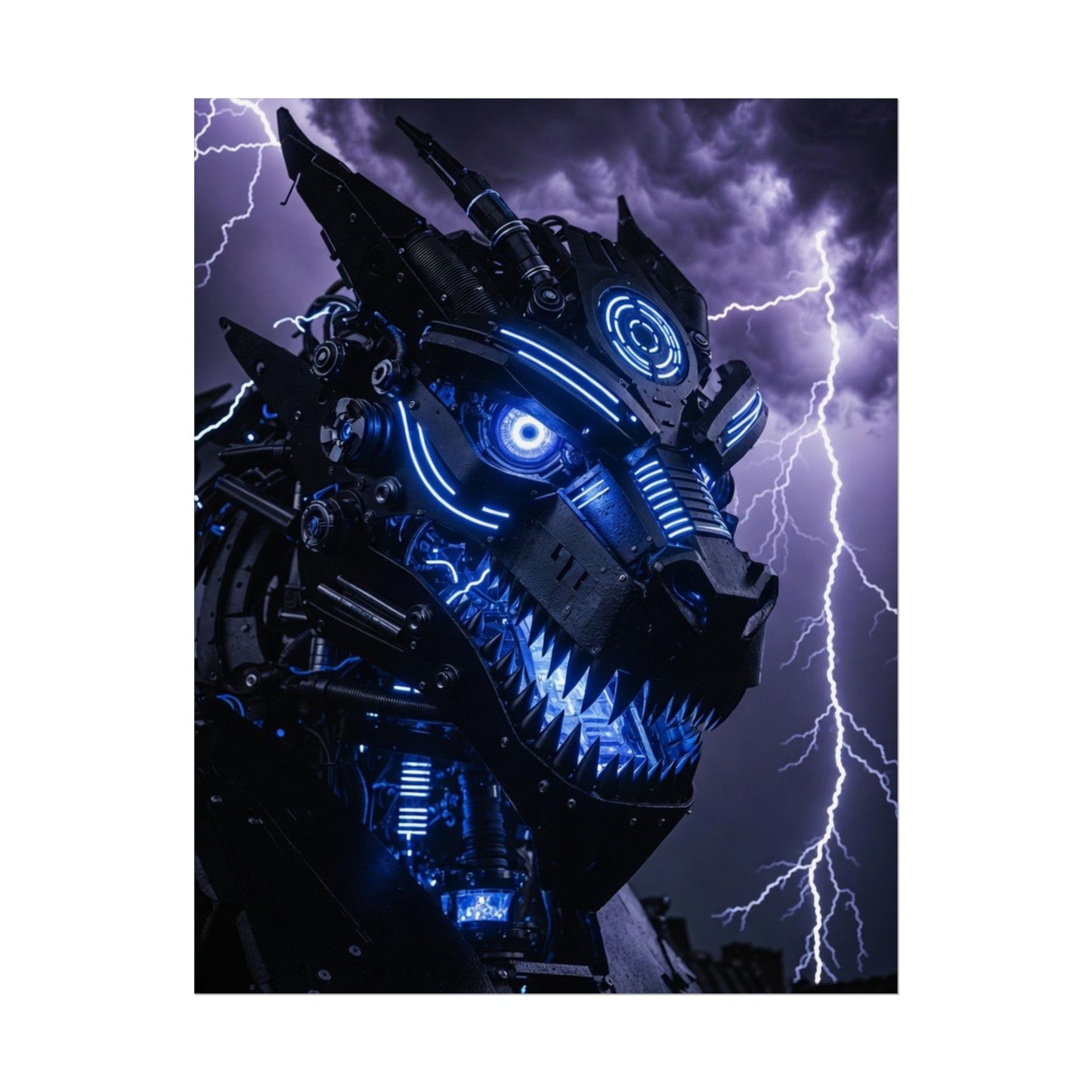 CyberDragon Storm Poster — Futuristic Mech Wolf Art Print (Rolled Poster)