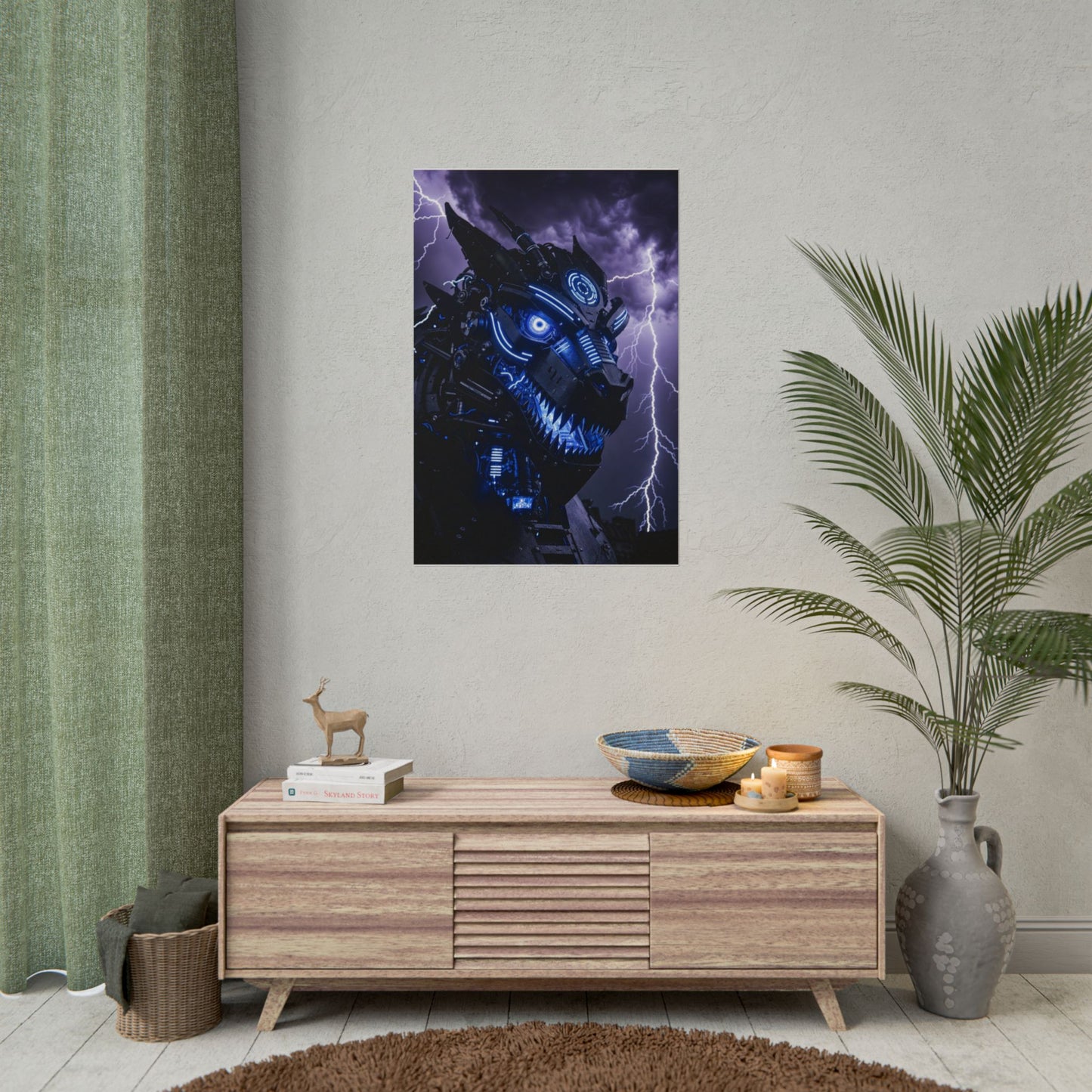 CyberDragon Storm Poster — Futuristic Mech Wolf Art Print (Rolled Poster)