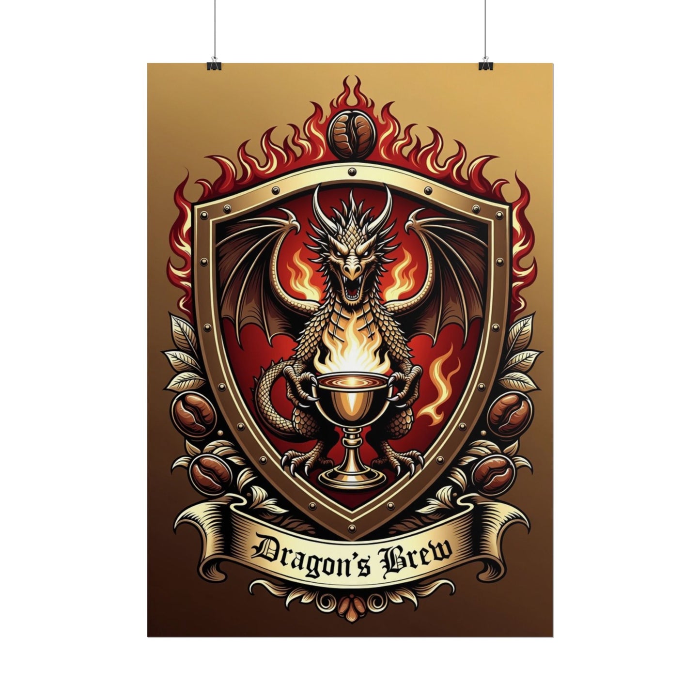 Dragon's Brew Poster — Fantasy Dragon Shield Artwork Rolled Poster