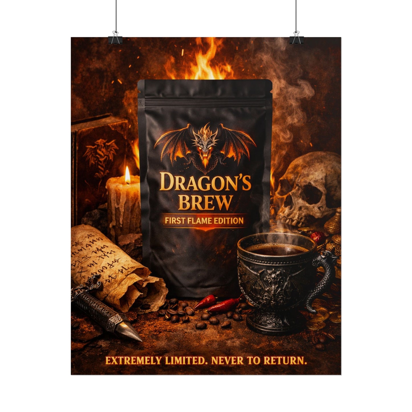 Rolled Poster — "Dragon's Brew: First Flame Edition" Fantasy Coffee Art Print