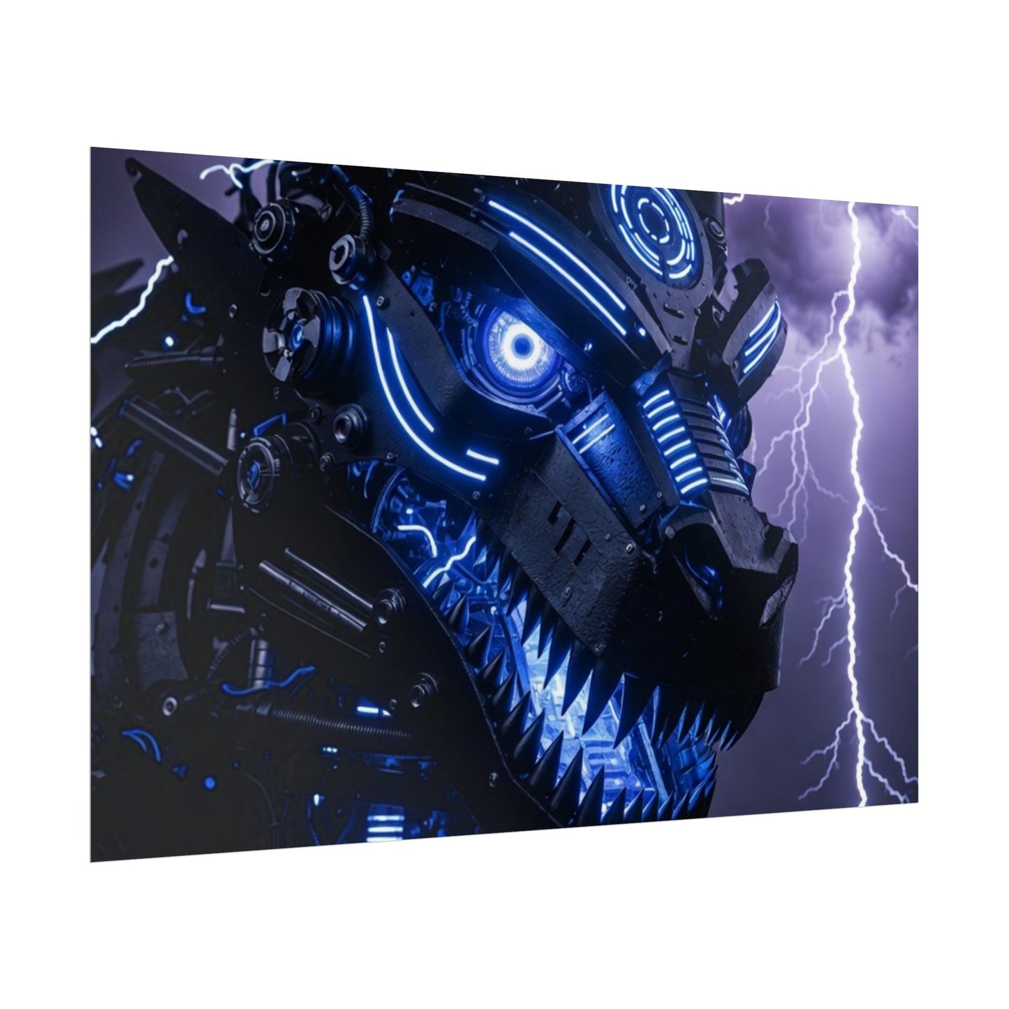 CyberDragon Storm Poster — Futuristic Mech Wolf Art Print (Rolled Poster)