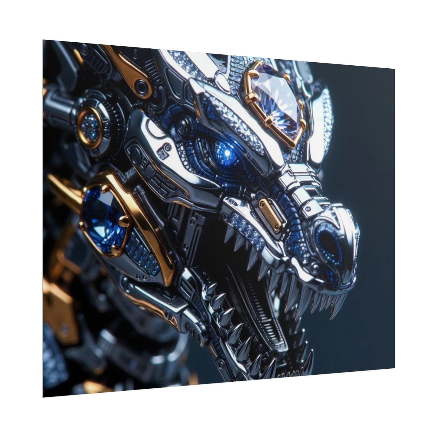 Mechanical Dragon Poster — Futuristic Gold & Blue Sci‑Fi Wall Art