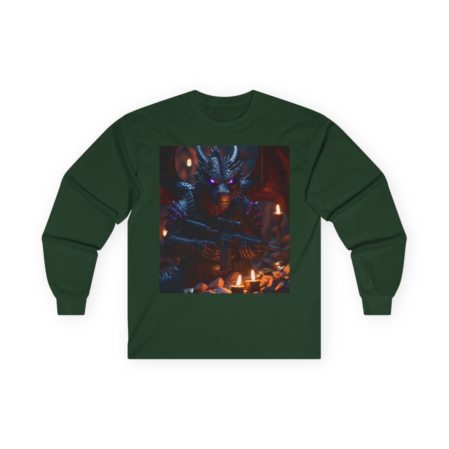 Dragon Knight Art Long Sleeve Tee — Dark Fantasy Candlelight Design