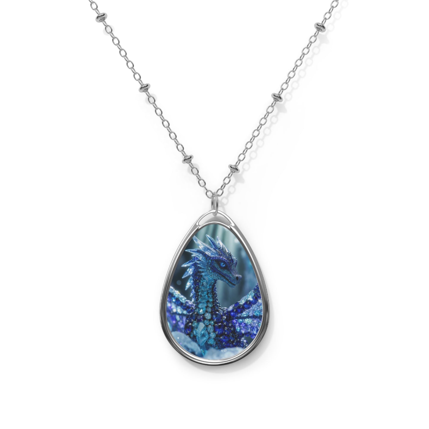 Blue Dragon Teardrop Oval Necklace — Fantasy Pendant Jewelry