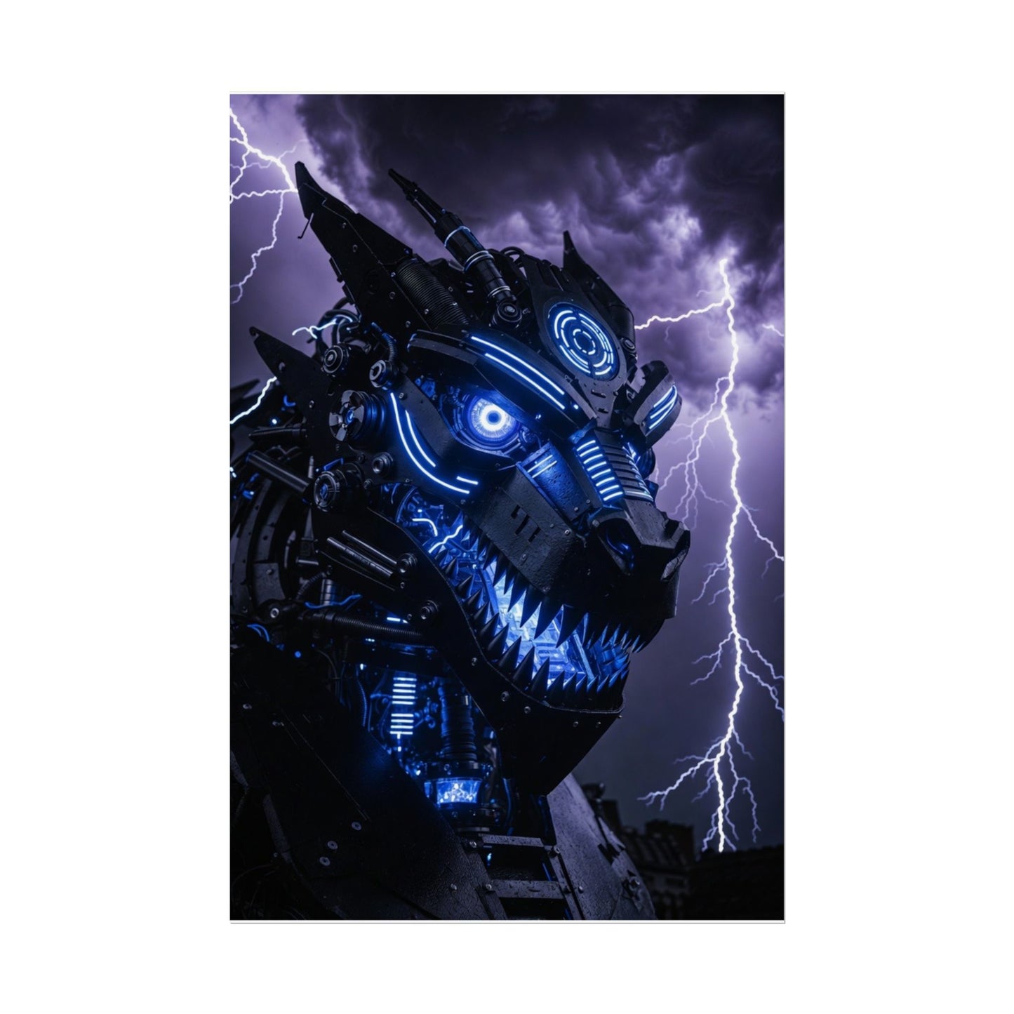 CyberDragon Storm Poster — Futuristic Mech Wolf Art Print (Rolled Poster)