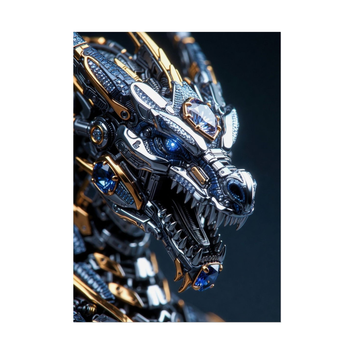Mechanical Dragon Poster — Futuristic Gold & Blue Sci‑Fi Wall Art