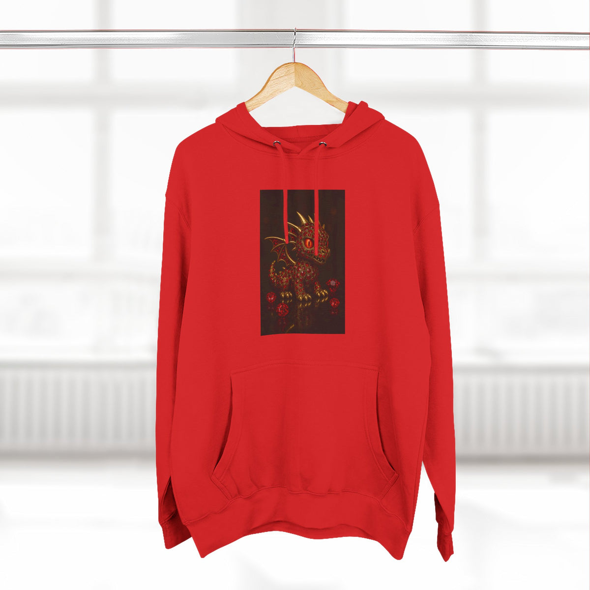 A RUBY RED Dragon Swirl Fleece Hoodie - Three-Panel Design for Fantasy Lovers