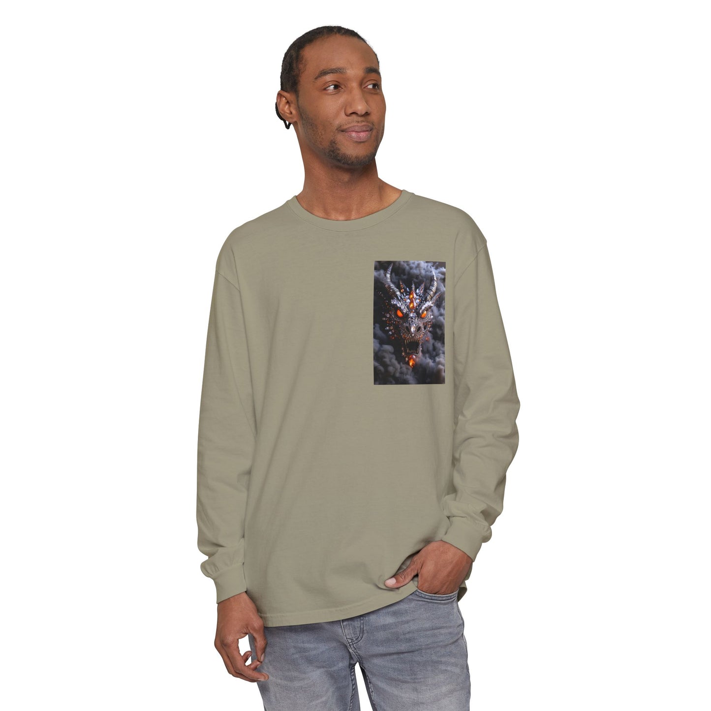 Long Sleeve T‑Shirt — Smoky Dragon Chest Print, Spooky Autumn Graphic