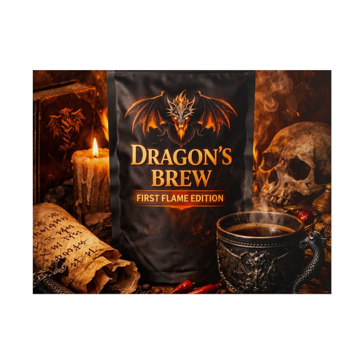 Rolled Poster — "Dragon's Brew: First Flame Edition" Fantasy Coffee Art Print