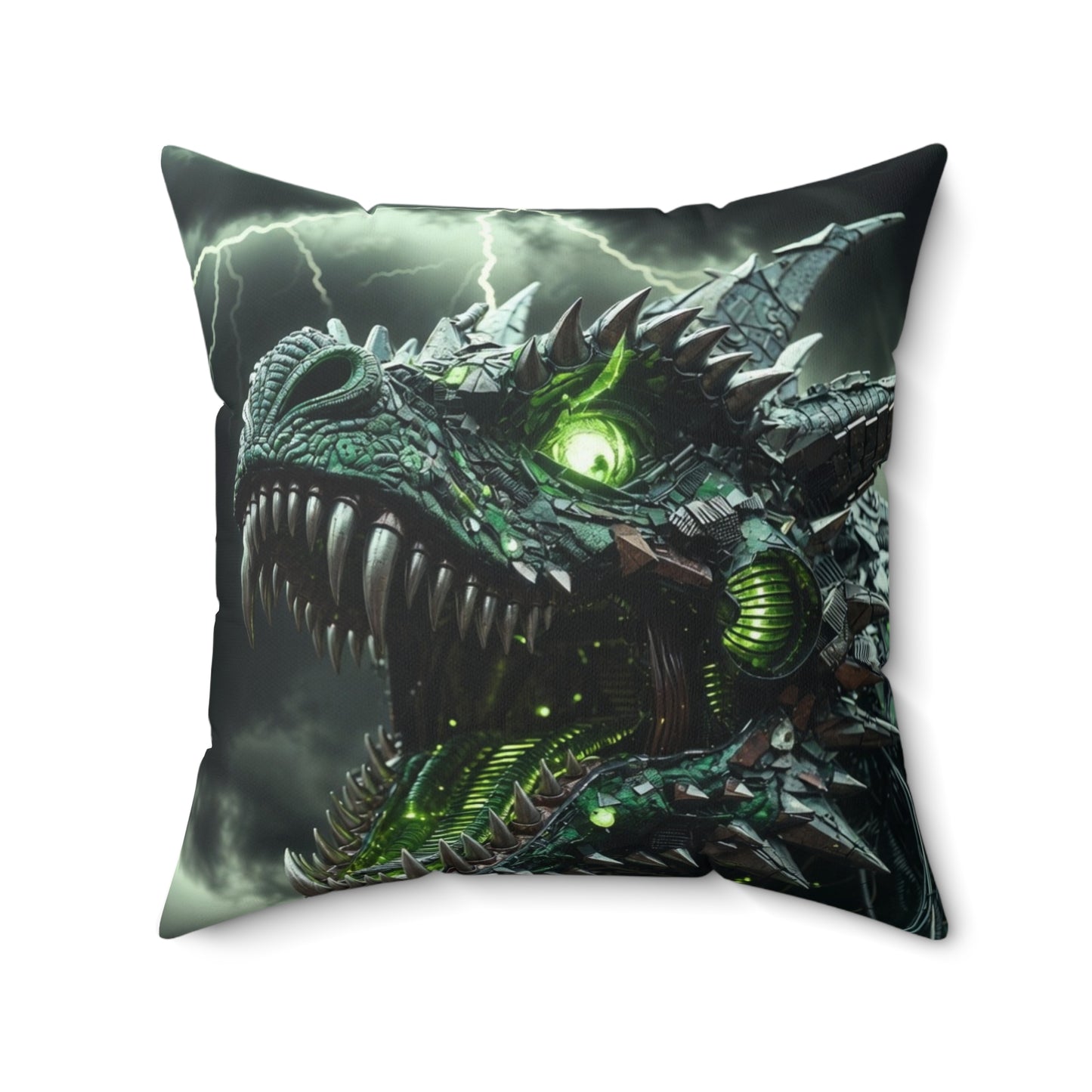 Dragon Skull Decorative Pillow — Green Cyber-Dragon Graphic Throw Pillow