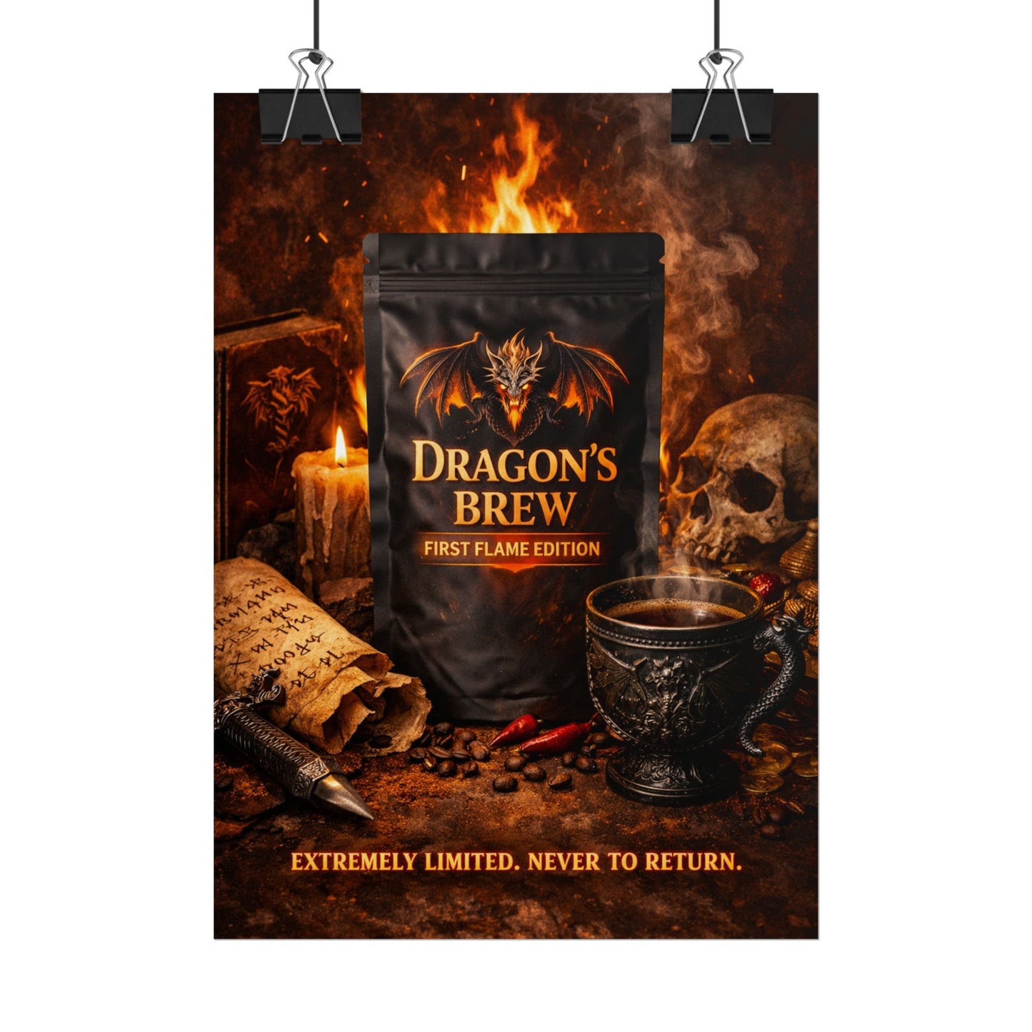 Rolled Poster — "Dragon's Brew: First Flame Edition" Fantasy Coffee Art Print