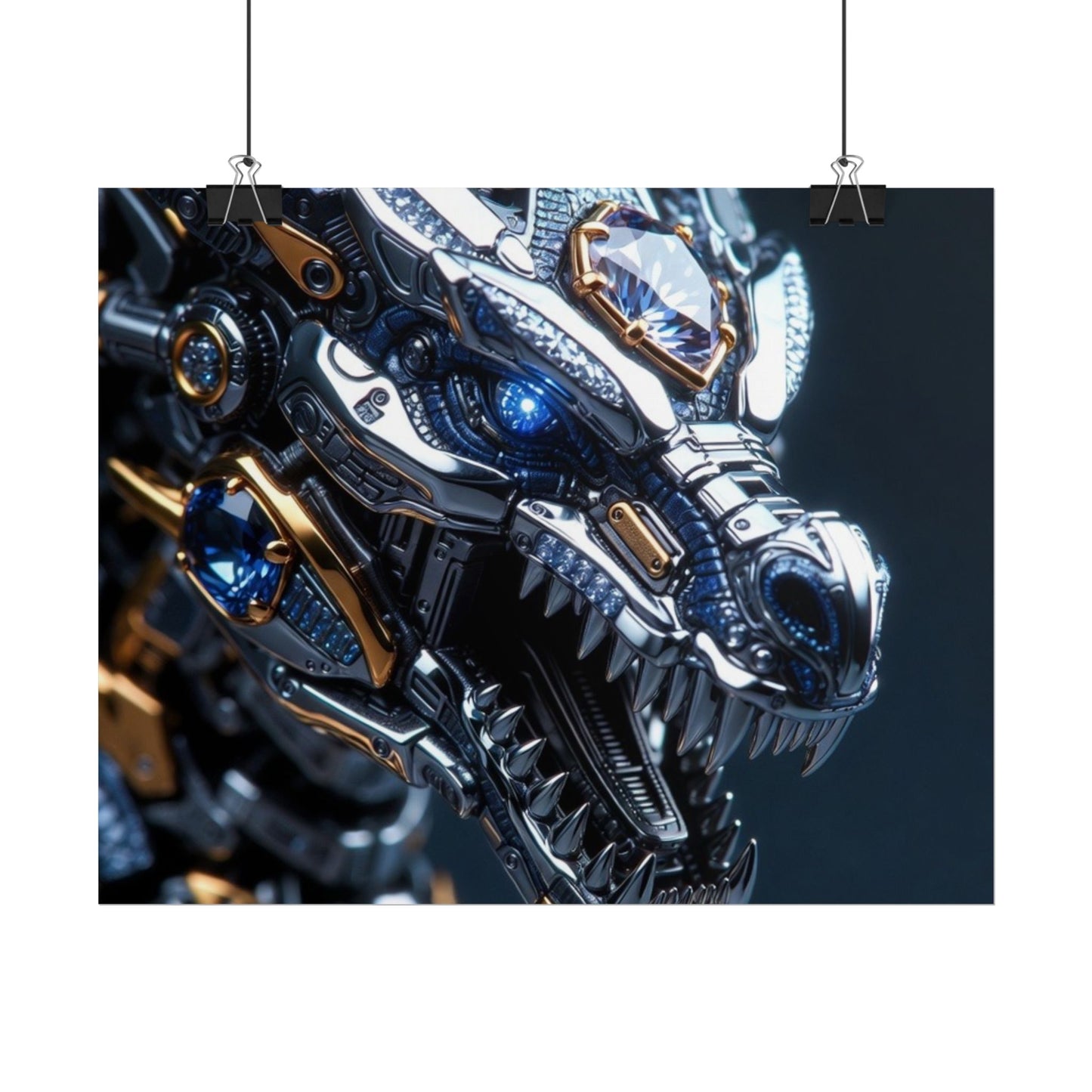 Mechanical Dragon Poster — Futuristic Gold & Blue Sci‑Fi Wall Art