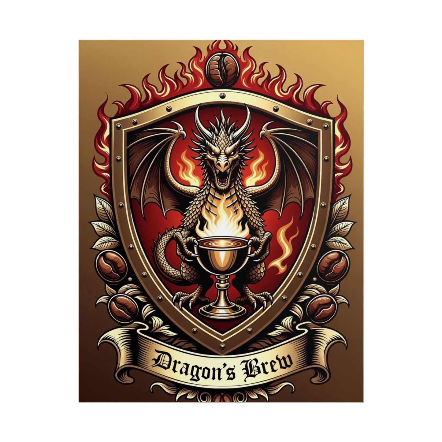 Dragon's Brew Poster — Fantasy Dragon Shield Artwork Rolled Poster