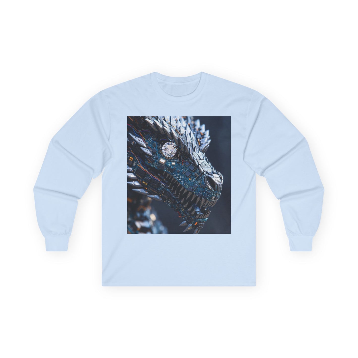Dragon Head Graphic Long Sleeve Tee — Metallic Fantasy Artwork