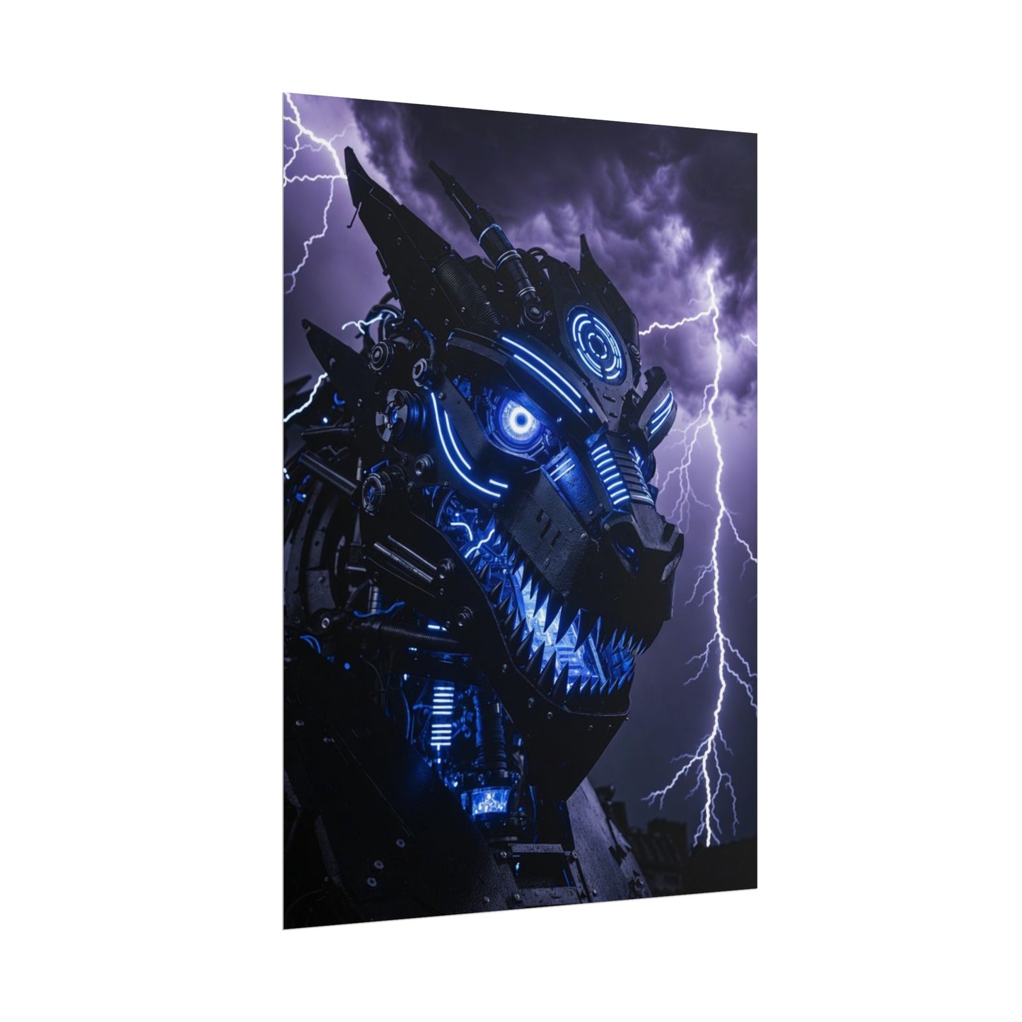 CyberDragon Storm Poster — Futuristic Mech Wolf Art Print (Rolled Poster)