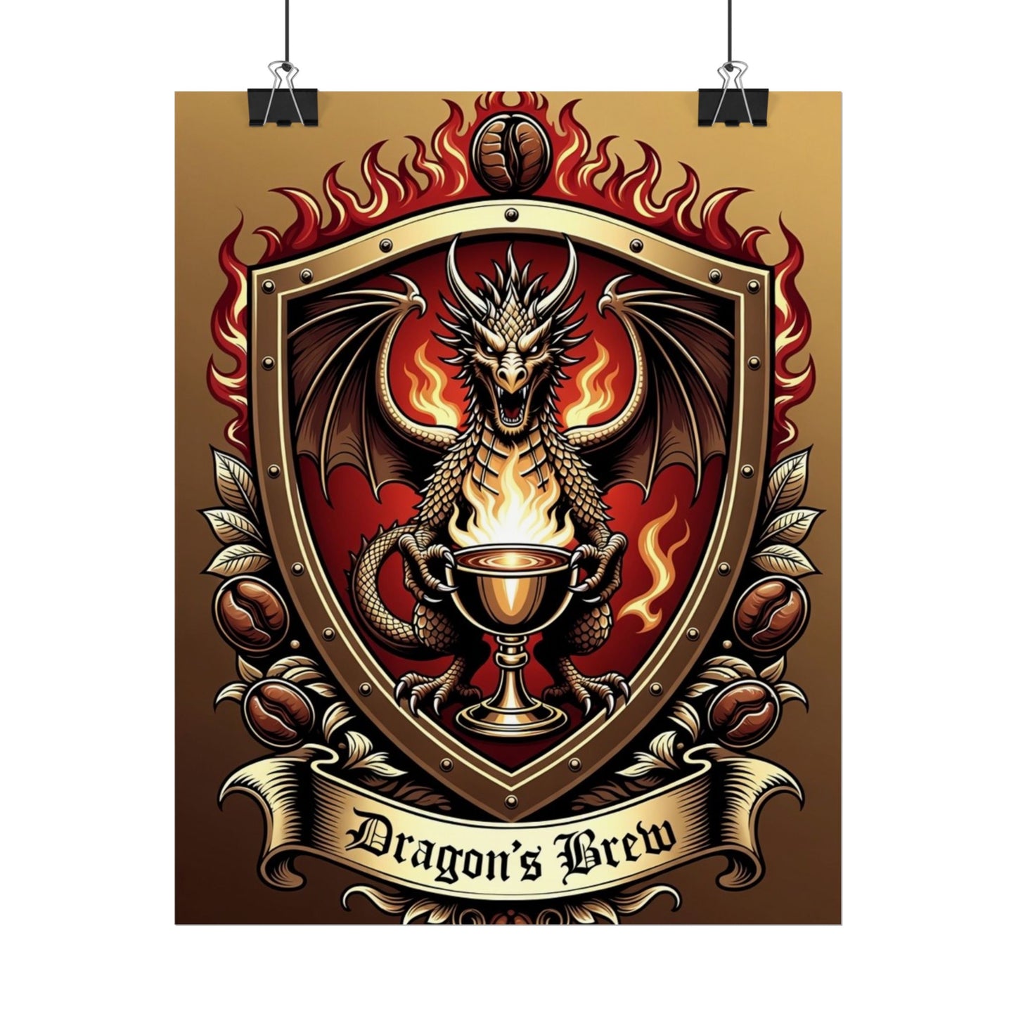 Dragon's Brew Poster — Fantasy Dragon Shield Artwork Rolled Poster