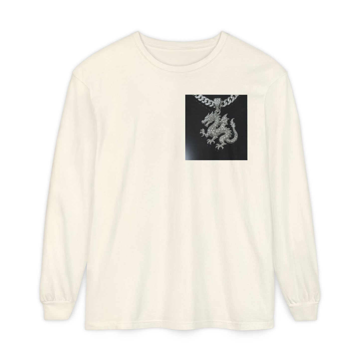 Dragon Pendant Long Sleeve T‑Shirt — Gothic Silver Chain Graphic