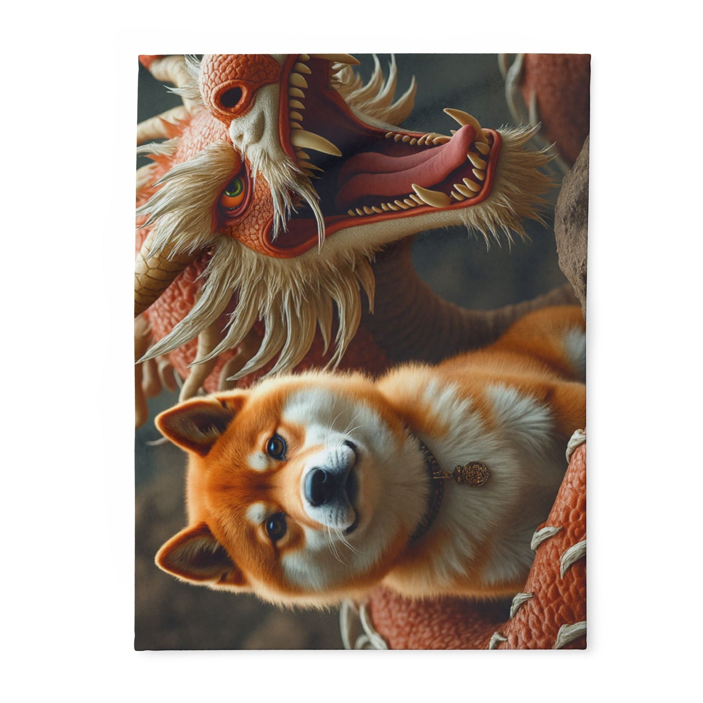 A Cozy Arctic Fleece Blanket with Dragon and Dog Design – Perfect for Animal Lovers