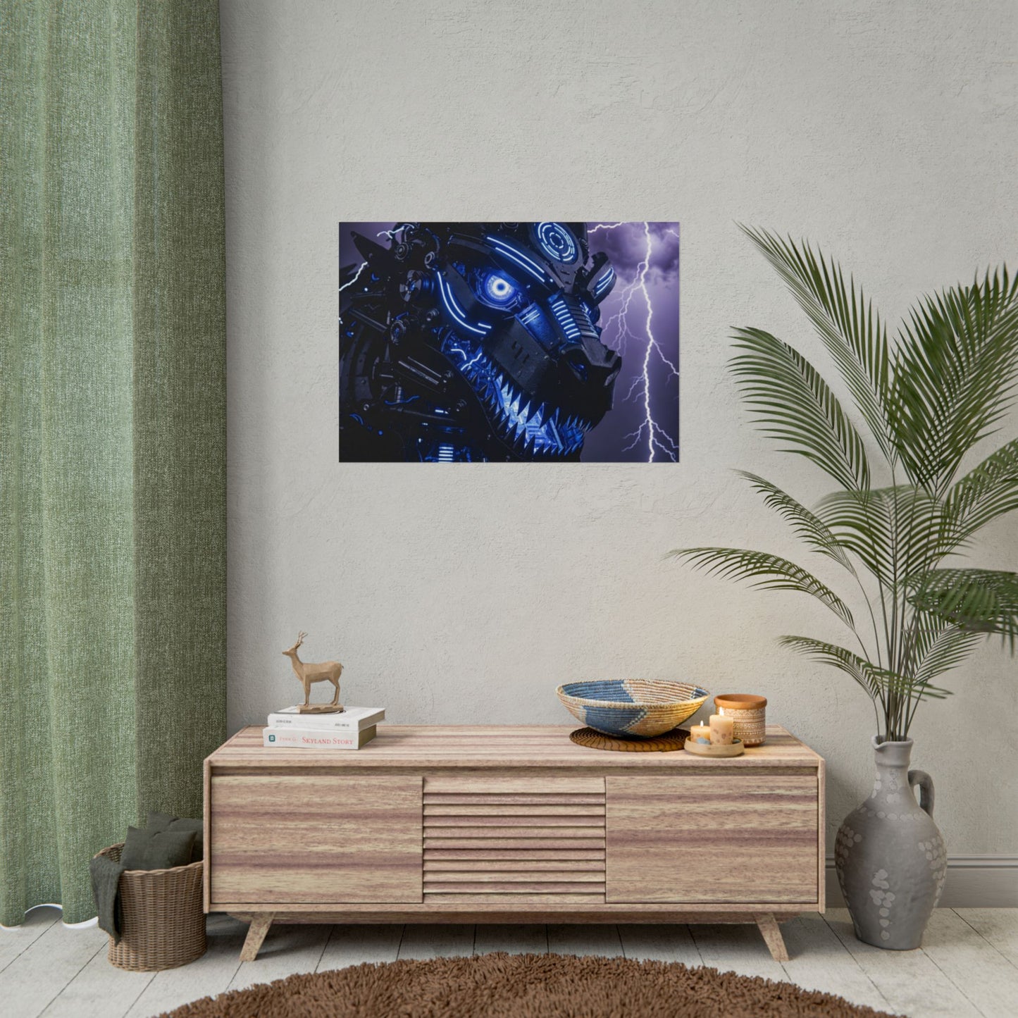 CyberDragon Storm Poster — Futuristic Mech Wolf Art Print (Rolled Poster)