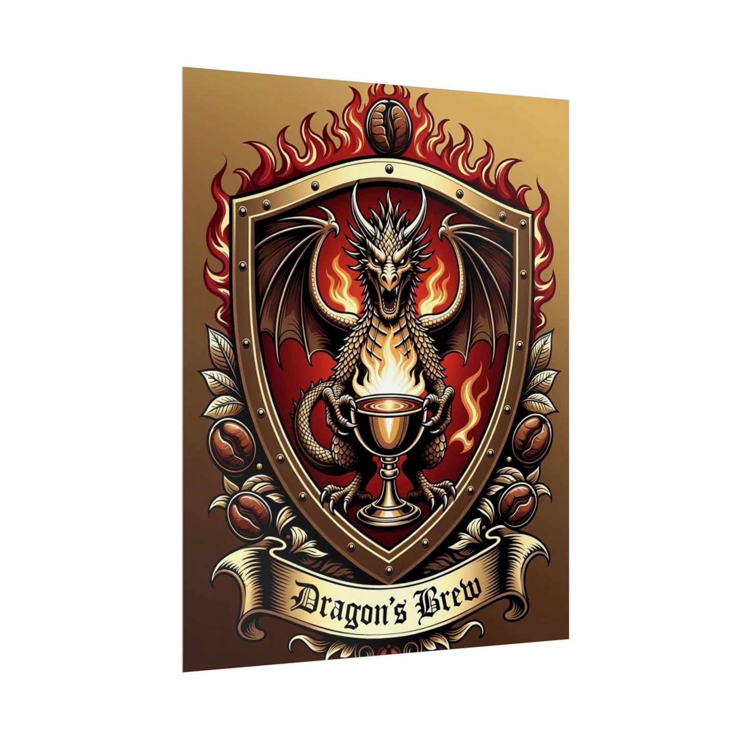 Dragon's Brew Poster — Fantasy Dragon Shield Artwork Rolled Poster