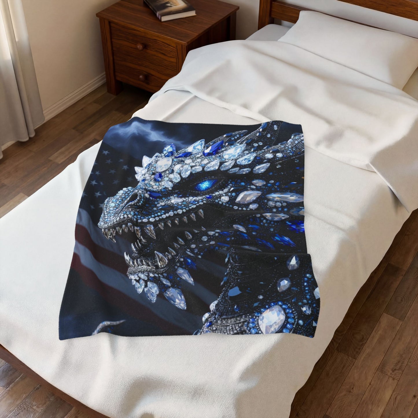 Velveteen Plush Blanket — Blue Jewel Dragon with American Flag Accent