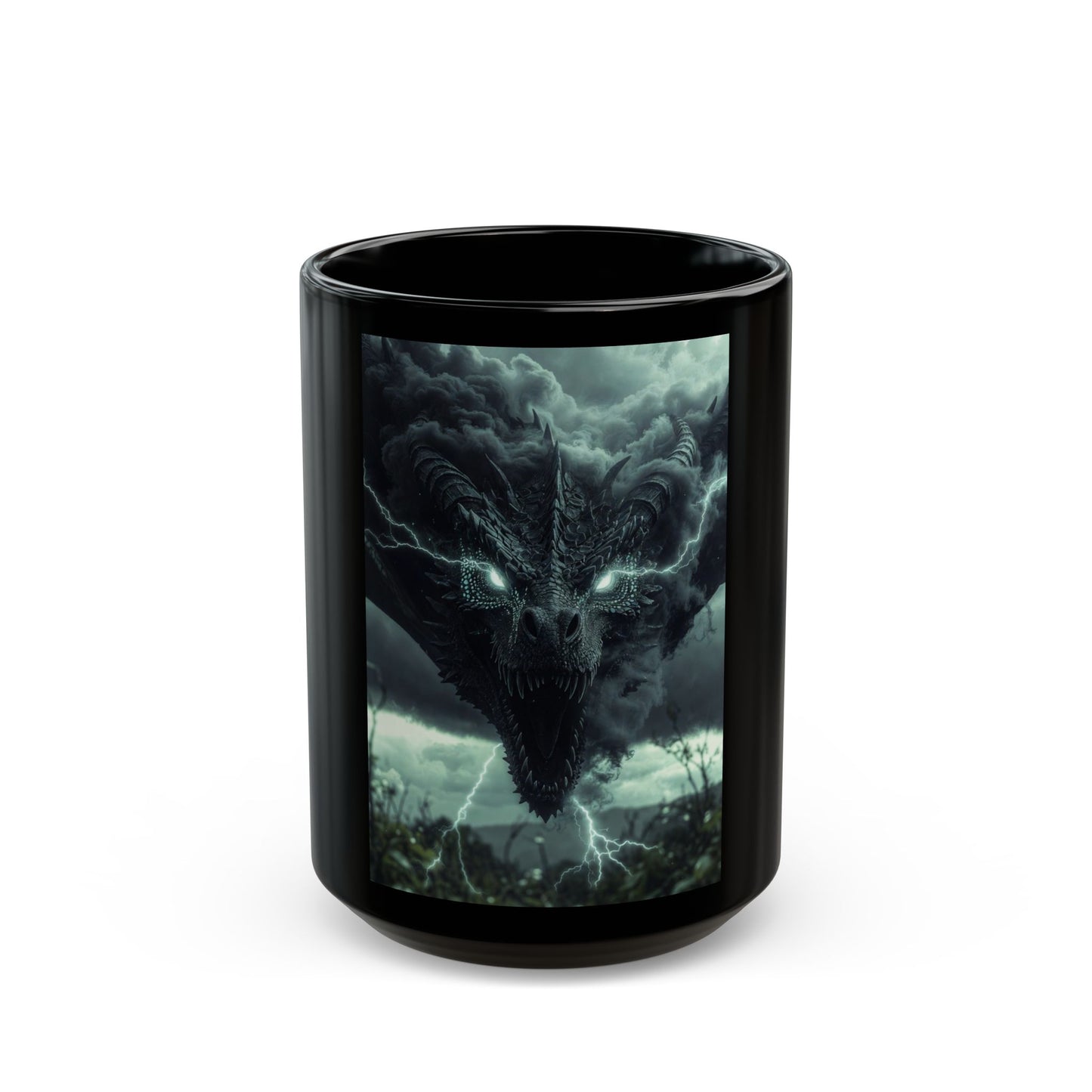 Dragon Storm Black Coffee Mug — Dark Fantasy Dragon Illustration (11oz & 15oz)