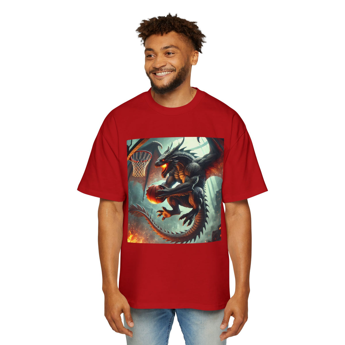 A Men's Fantasy Dragon Basketball Tee - Oversized Graphic Shirt, Streetwear Style, Casual Outfit, Gift for Him, Unique Art Tee