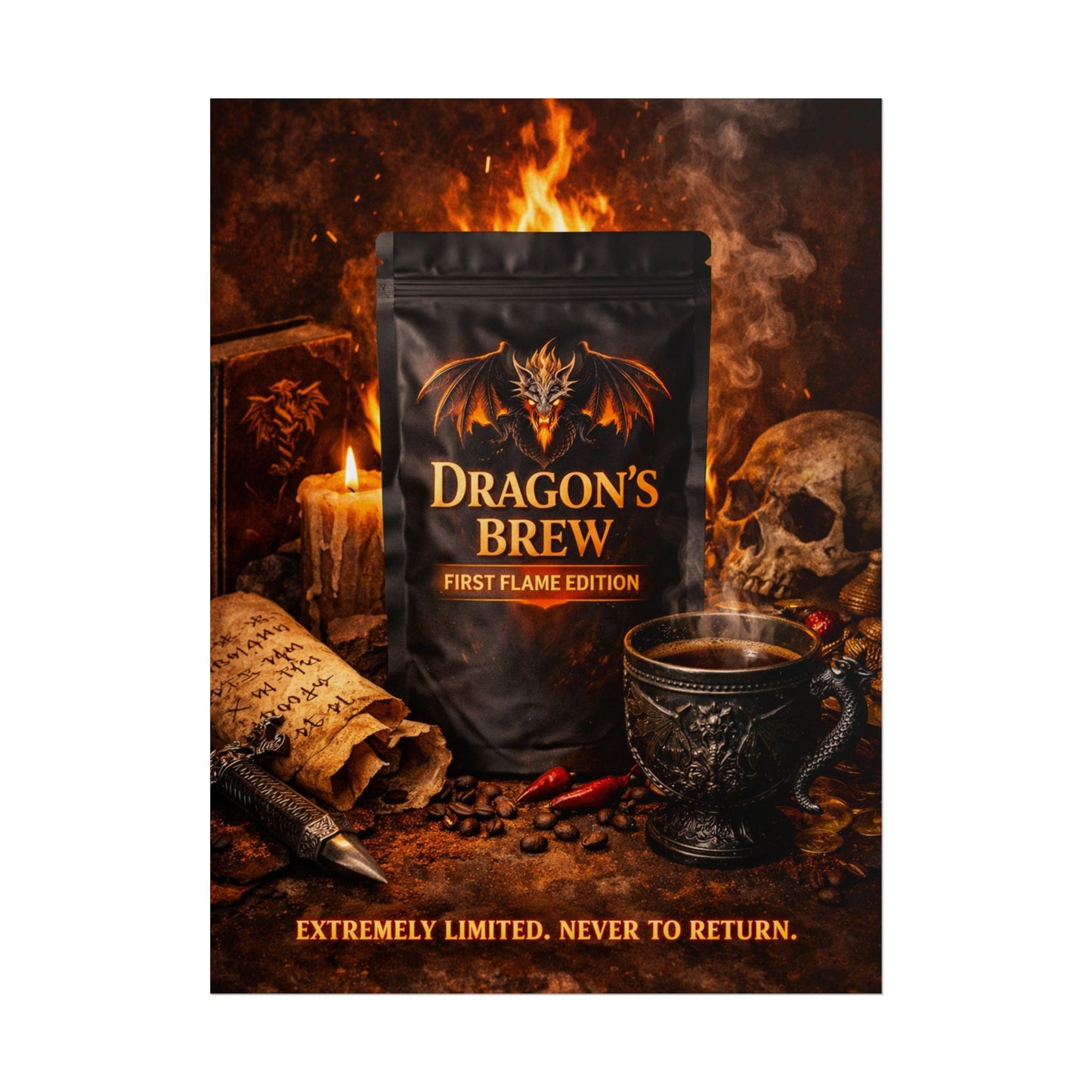 Rolled Poster — "Dragon's Brew: First Flame Edition" Fantasy Coffee Art Print