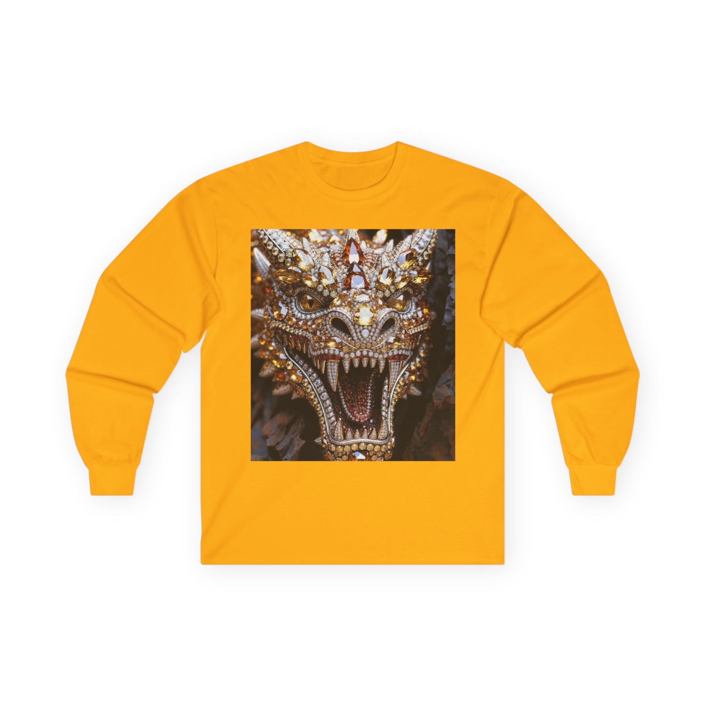 Dragon Mask Long Sleeve Tee — Ornate Fiery Dragon Face Graphic