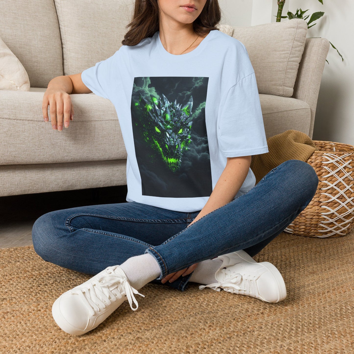 Dragon Skull T‑Shirt — Neon Green Crystal Wyvern Graphic Tee
