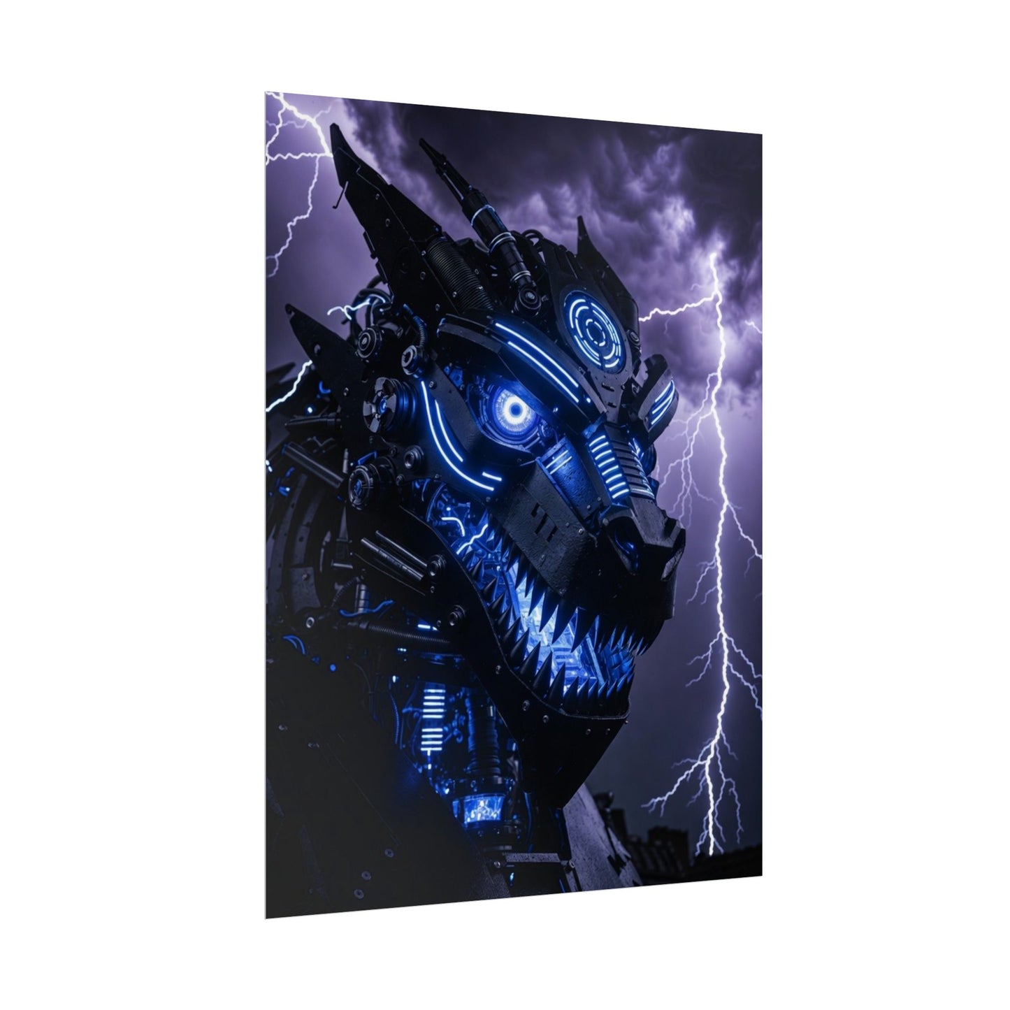 CyberDragon Storm Poster — Futuristic Mech Wolf Art Print (Rolled Poster)