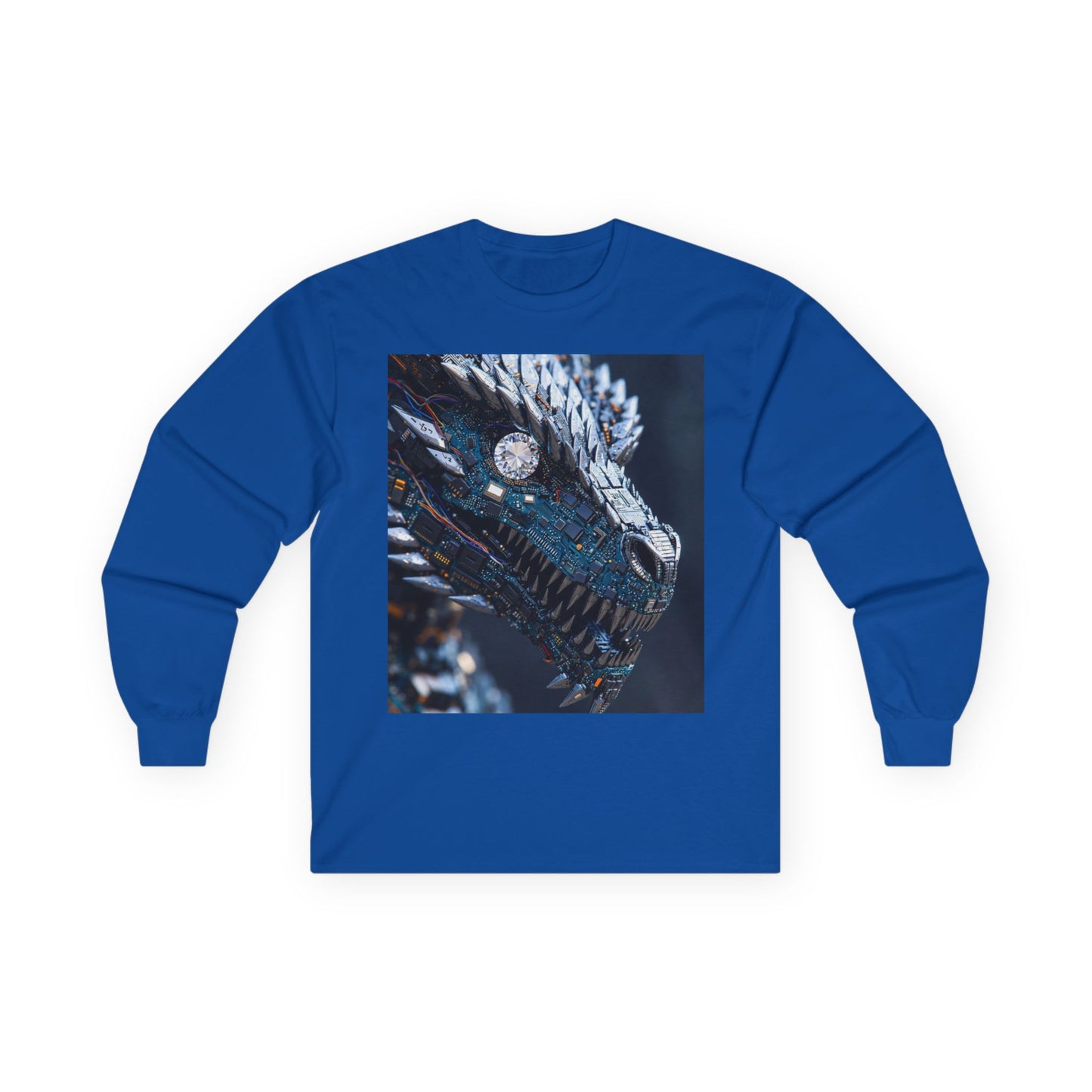 Dragon Head Graphic Long Sleeve Tee — Metallic Fantasy Artwork