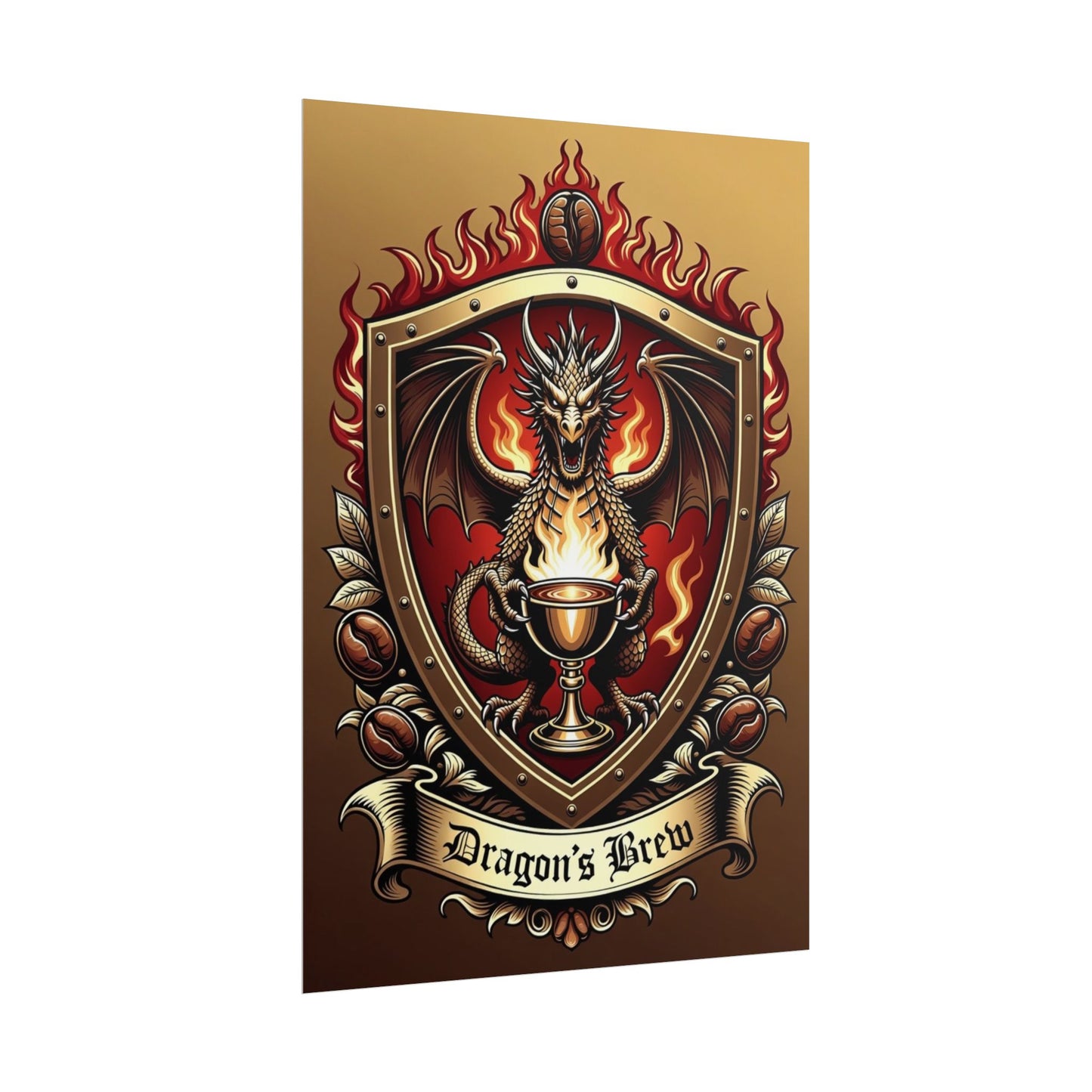 Dragon's Brew Poster — Fantasy Dragon Shield Artwork Rolled Poster