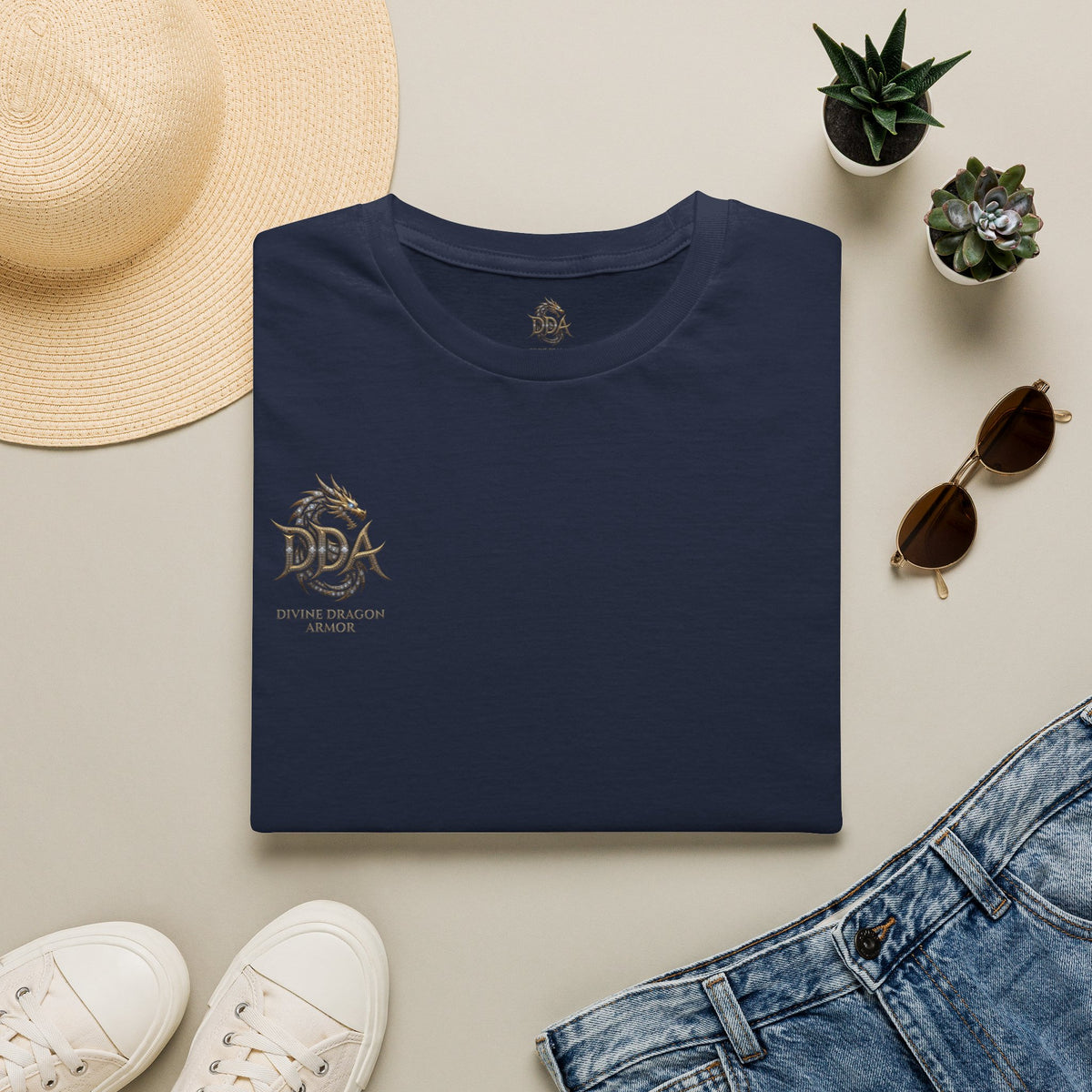 DDA DIVINE DRAGON ARMOR T-Shirt — Golden Dragon Emblem Chest Logo, Fantasy Gaming Fan Tee