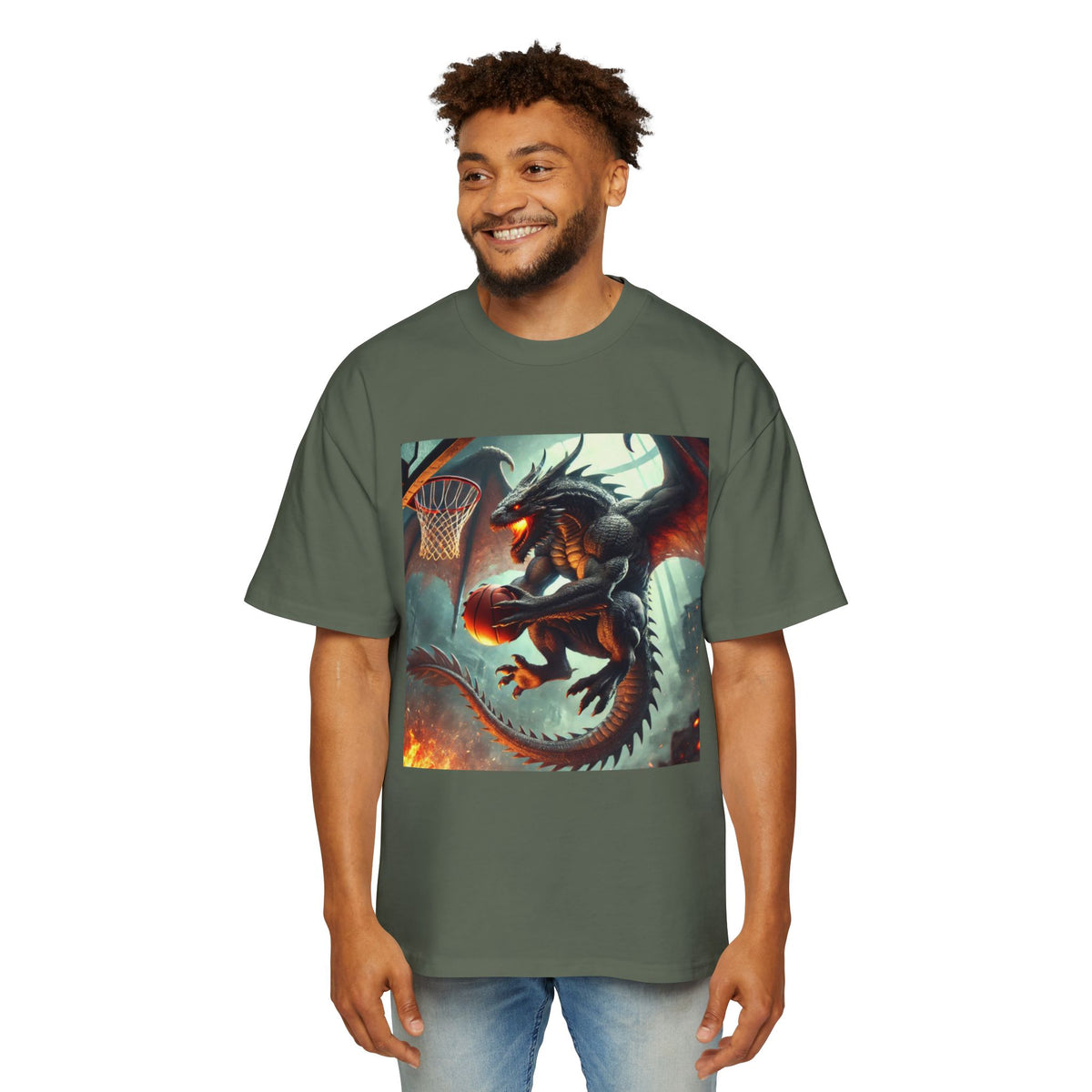 A Men's Fantasy Dragon Basketball Tee - Oversized Graphic Shirt, Streetwear Style, Casual Outfit, Gift for Him, Unique Art Tee