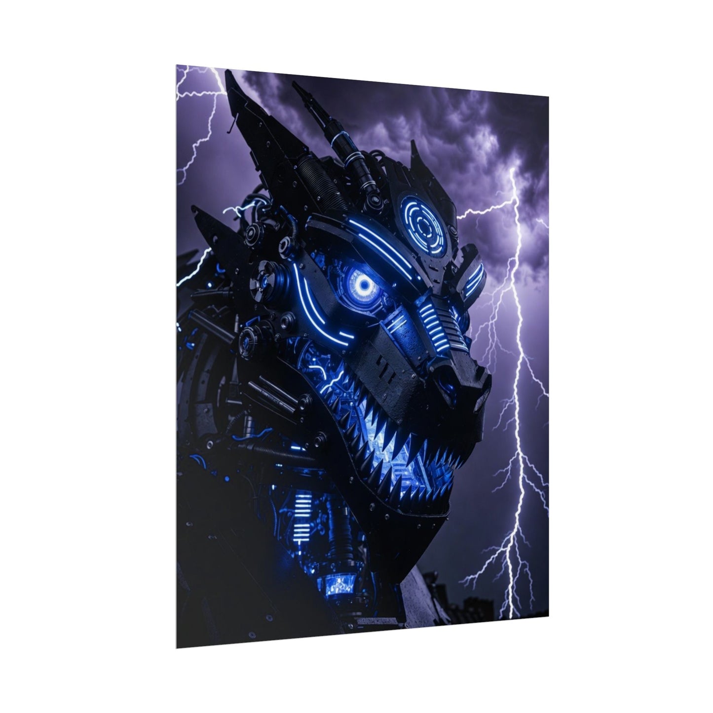 CyberDragon Storm Poster — Futuristic Mech Wolf Art Print (Rolled Poster)