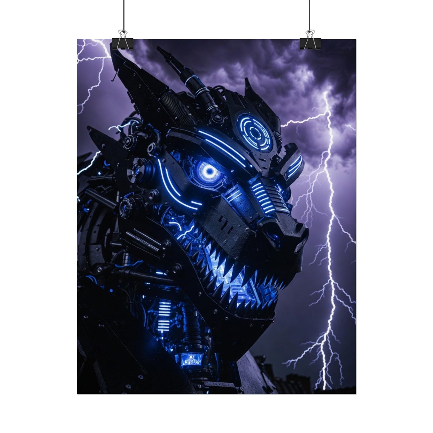 CyberDragon Storm Poster — Futuristic Mech Wolf Art Print (Rolled Poster)