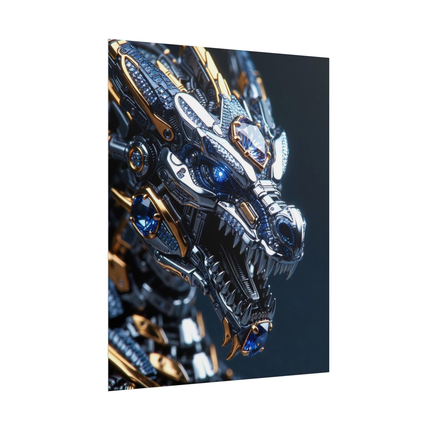Mechanical Dragon Poster — Futuristic Gold & Blue Sci‑Fi Wall Art