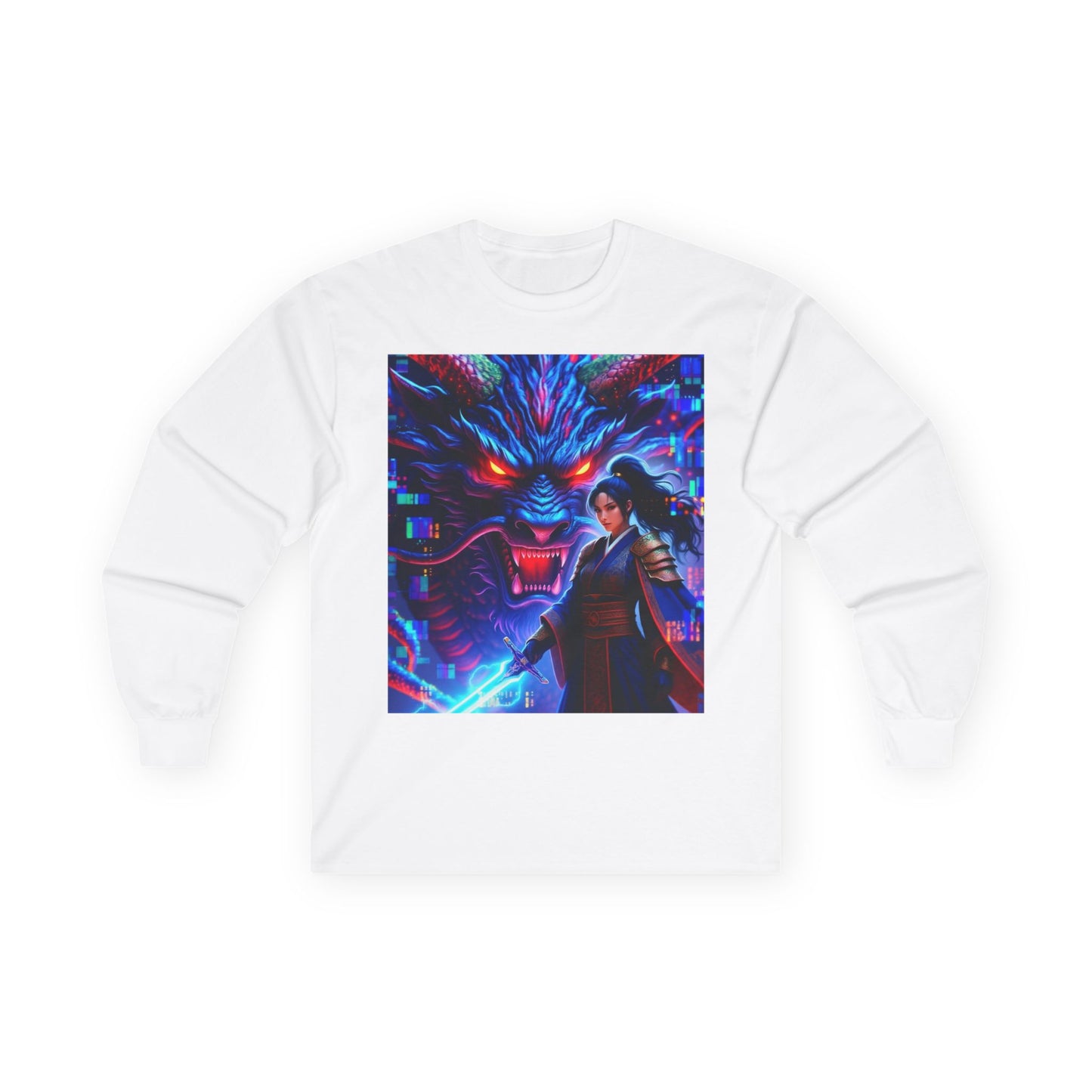 Long Sleeve Tee — Neon Samurai Wolf Art Graphic Shirt