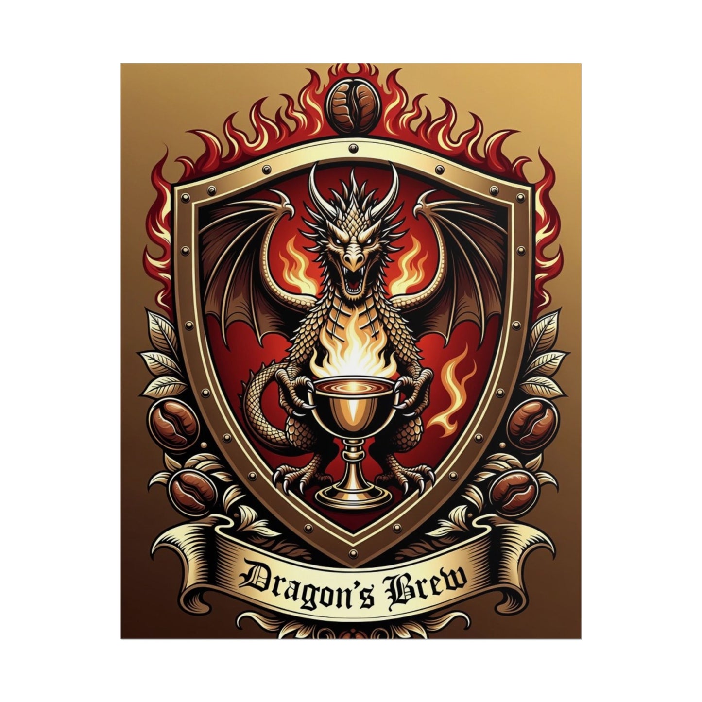 Dragon's Brew Poster — Fantasy Dragon Shield Artwork Rolled Poster