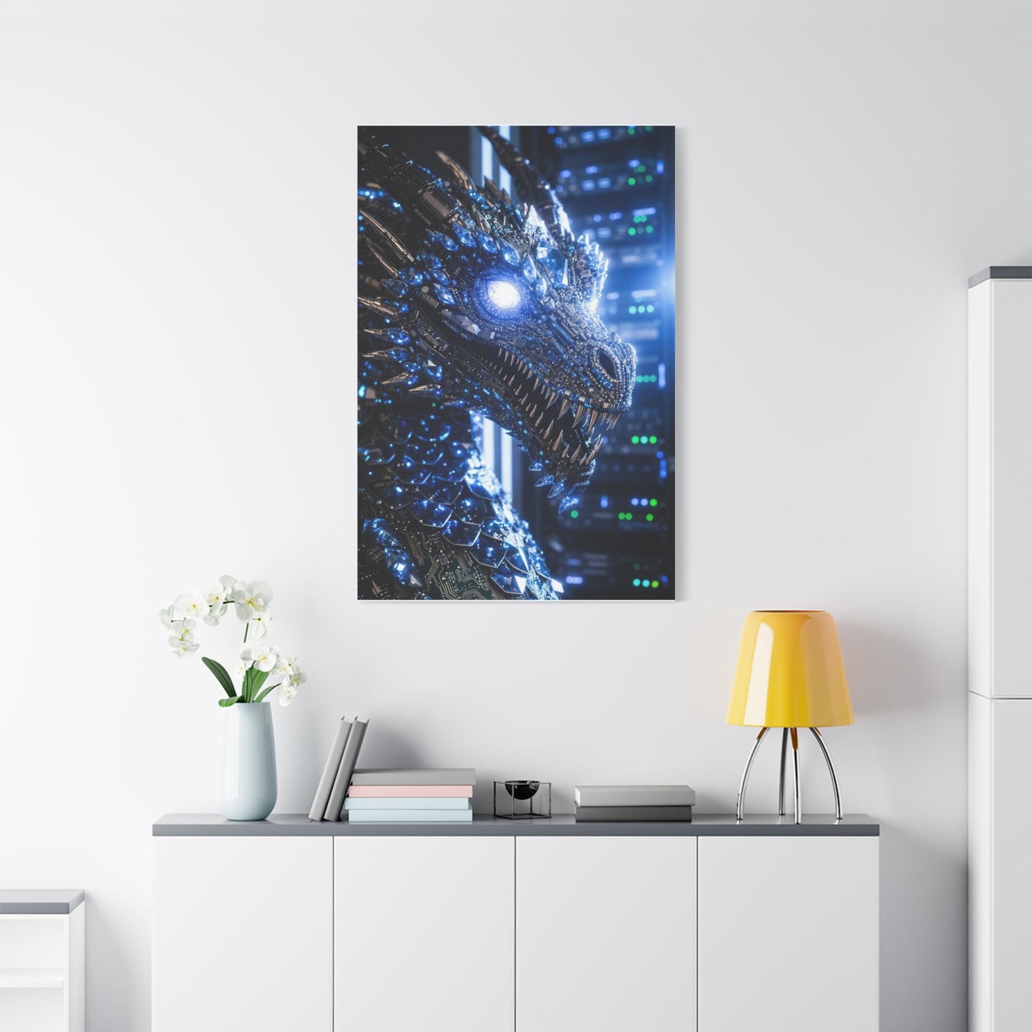 Cyber Dragon Canvas Print — Futuristic Metallic Dragon Wall Art