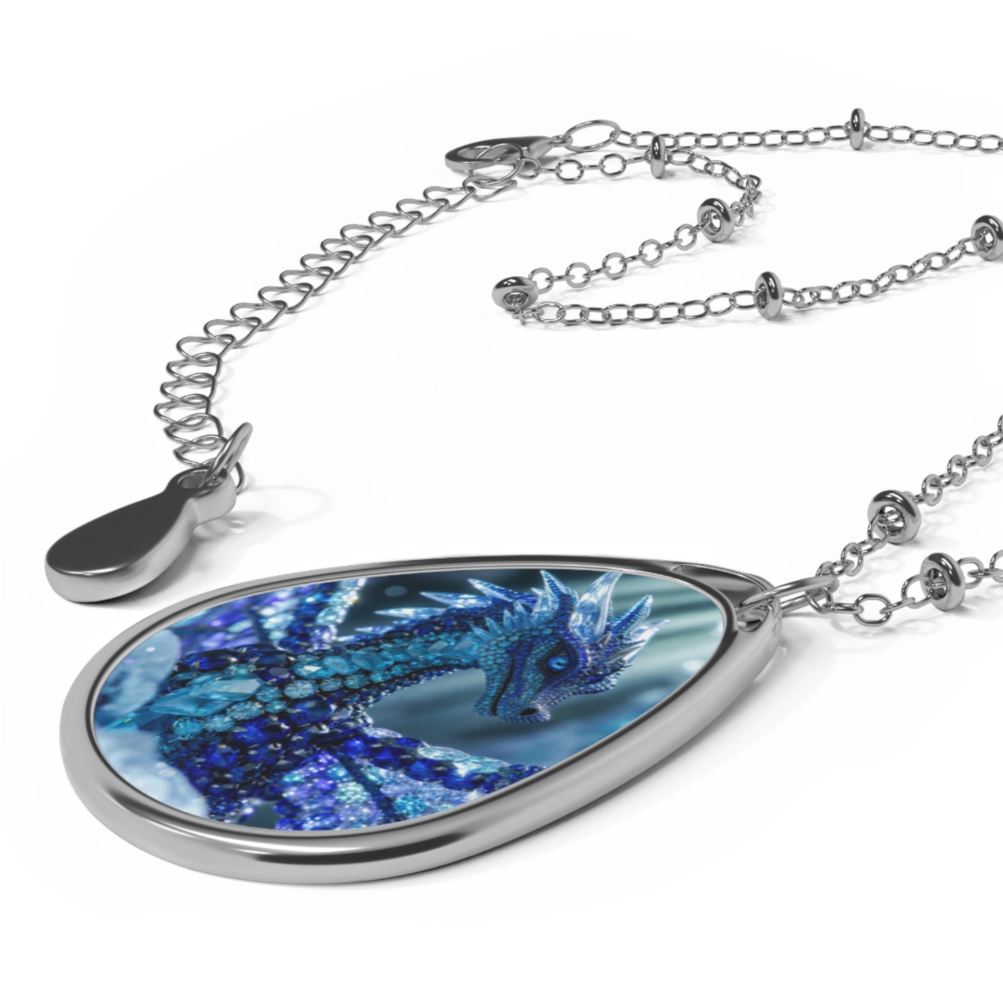 Blue Dragon Teardrop Oval Necklace — Fantasy Pendant Jewelry