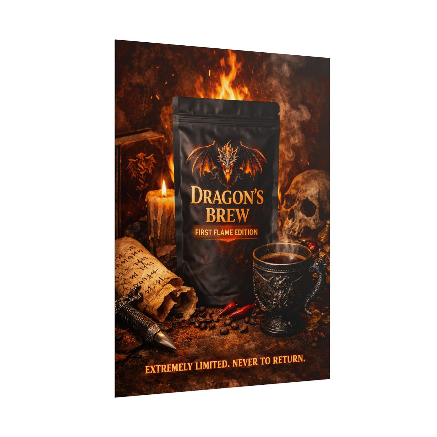 Rolled Poster — "Dragon's Brew: First Flame Edition" Fantasy Coffee Art Print